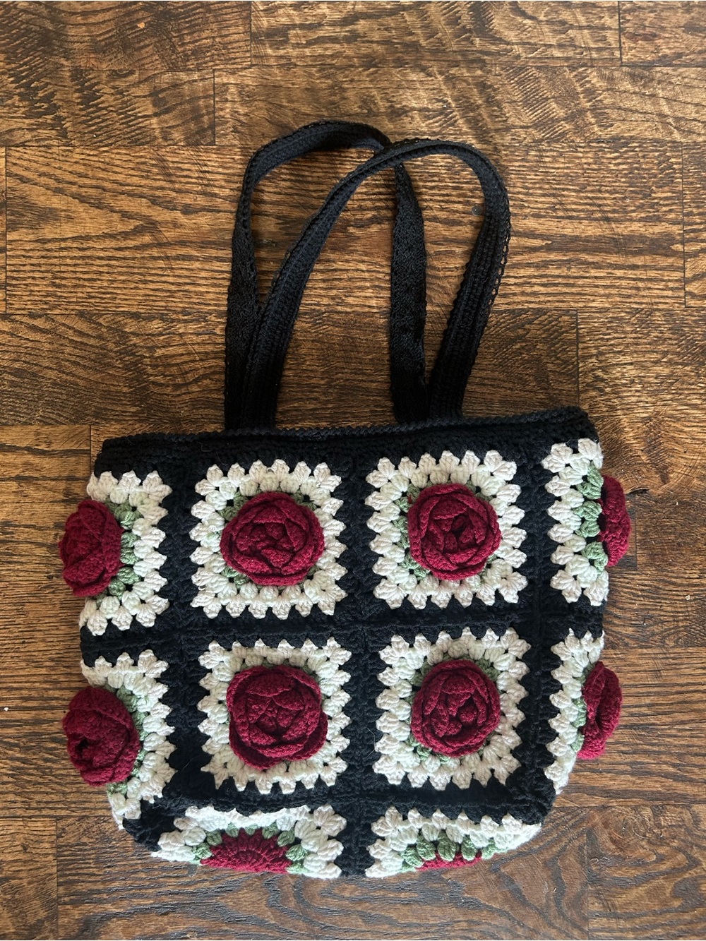 Retro Crochet Granny Square Floral Bag Tote Black 3D